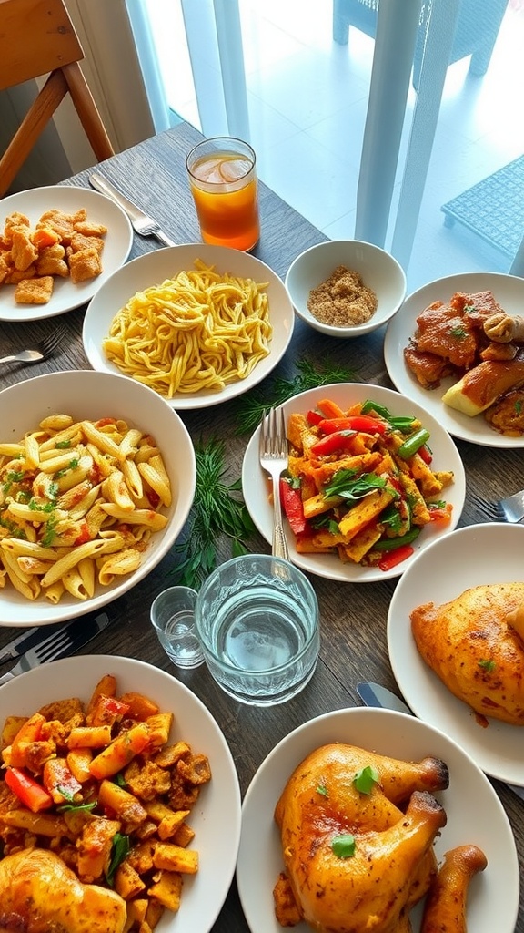 Delicious Dinner Menu Plan for the Week A beautifully arranged dinner table with various dishes for the week including pasta, stir-fry, tacos, and more.